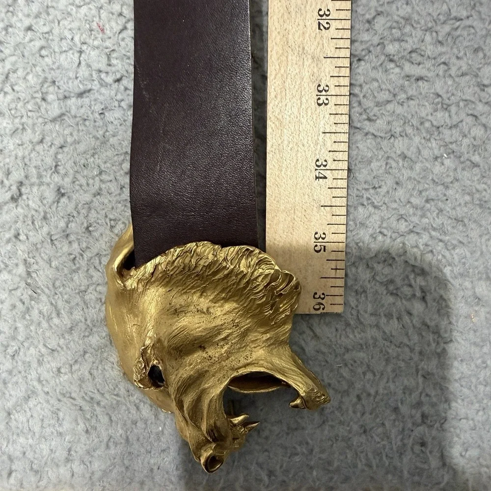 Vtg Christopher Ross Belt Buckle Snarling Angry Dog Wolf 1976 Gold Plate Metal